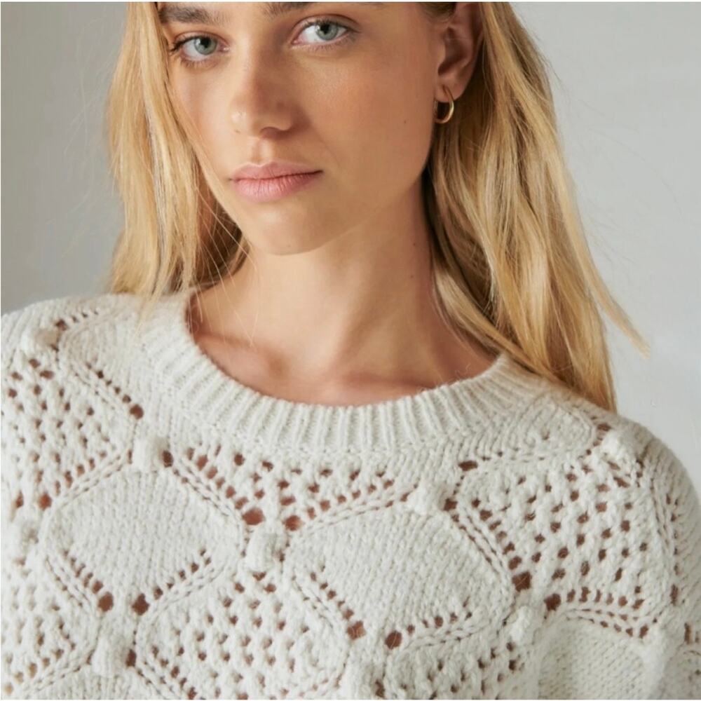 Lucky Brand Ivory Diamond Open Knit Bobble Chunky Crewneck Sweater White Sz XL - Picture 3 of 15